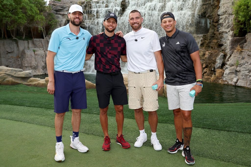 Jackson Mahomes, in a rare appearance, stands behind the Chiefs quarterback during “The Match.”