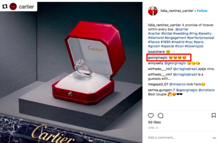 Georgina fuelled speculation Ronaldo had bought her a £615,000 engagement ring by commenting on this Instagram post