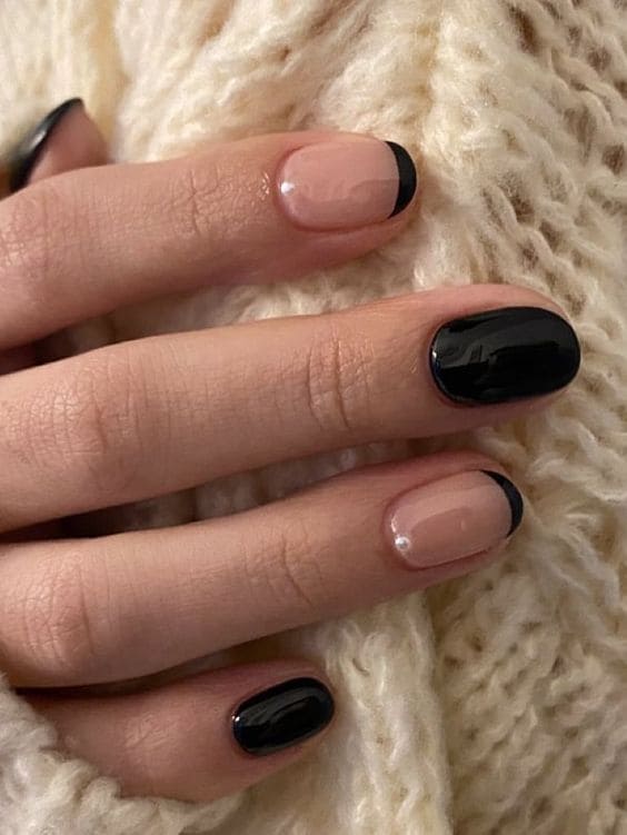 Korean black French tip nails: pearl accent