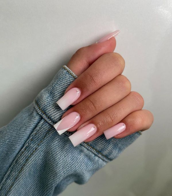 Pink to White Ombre Nails with Single Gems