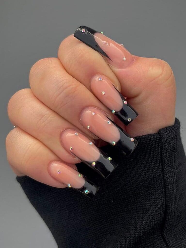 Black French manicure with rhinestones