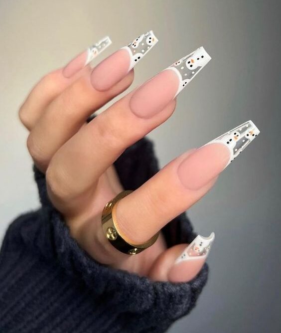 Clear French tips with Christmas snowman nail art