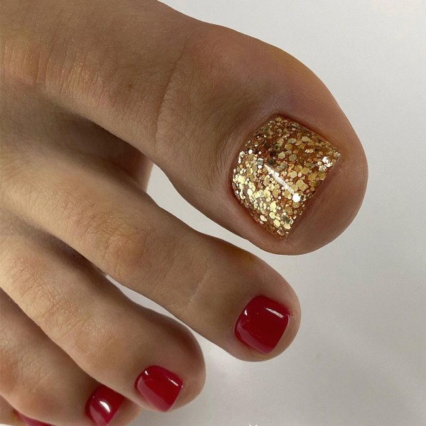 Gold Glitter Big Toe with Solid Red Toe Nails Design