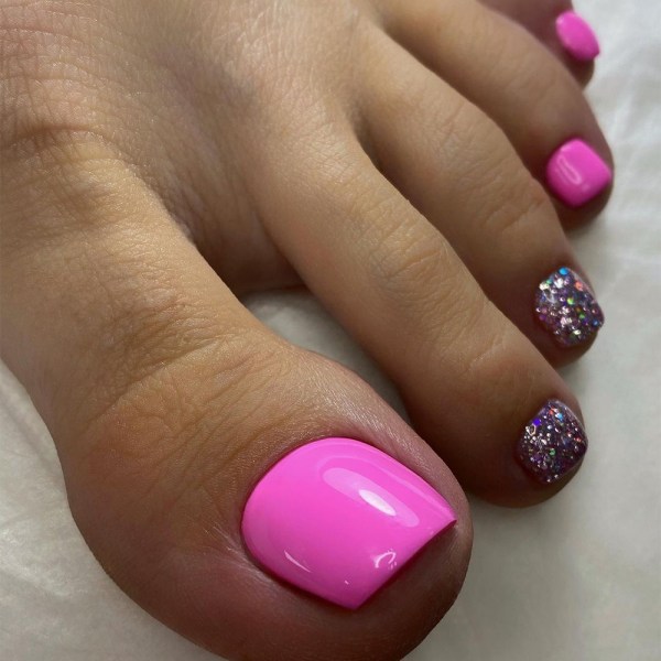 Hot Pink Toe Nails with Two Glitter Nails