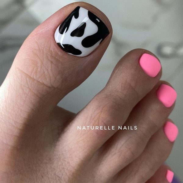 Light Pink Nails with Cow Print Big Toe Design Pedicure