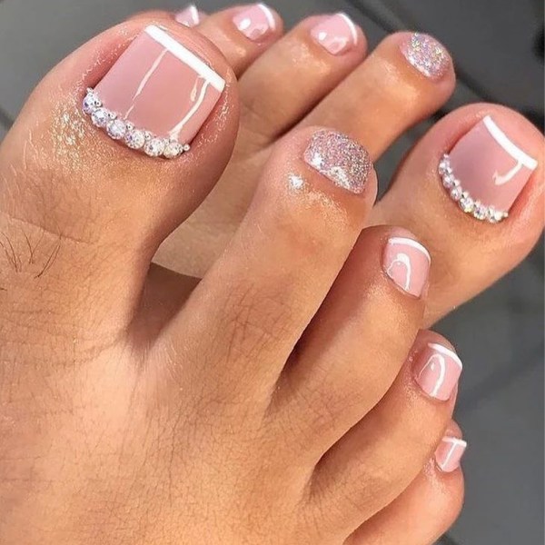 French Tip Pedicure with Gems on the Big Toe