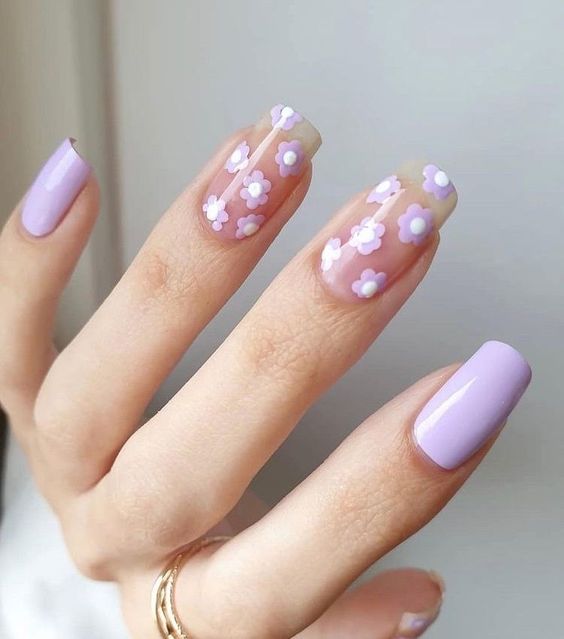 Lavender and clear nails with lavender flowers nail art