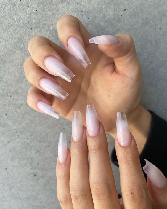 Pale pink to clear ombre effect on long coffin nails