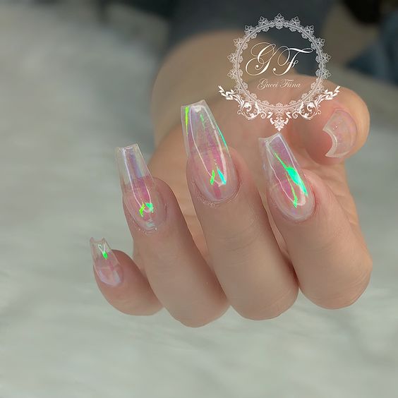 Long coffin shaped reflective clear nails