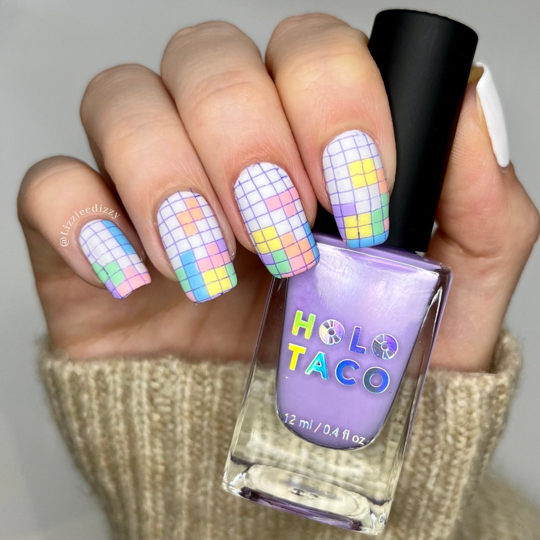 Matte finish pastel Tetris nail art on medium square nails