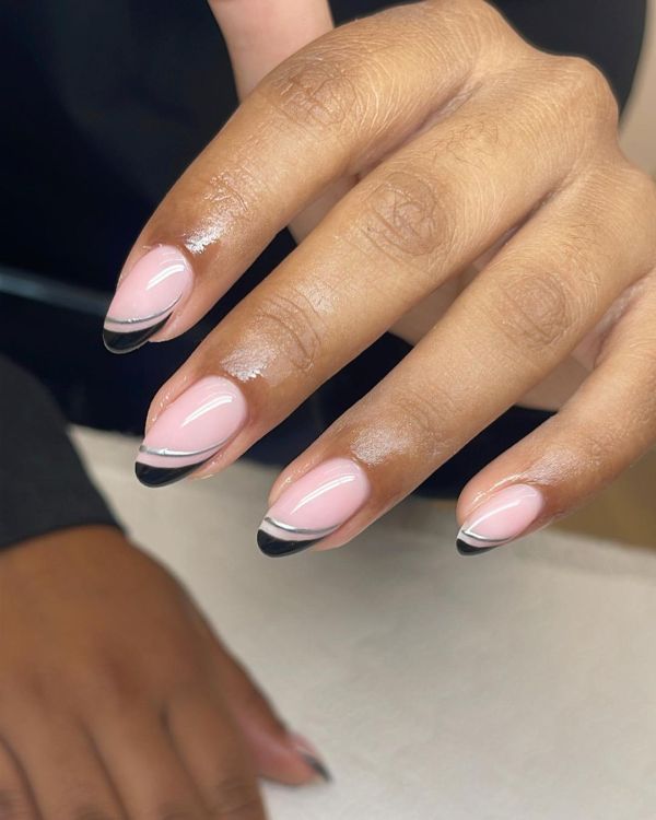 Black Side French Nails with Silver Outline