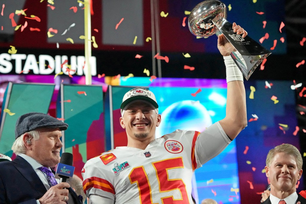 Patrick Mahomes celebrates winning the Super Bowl on Feb. 12, 2023.