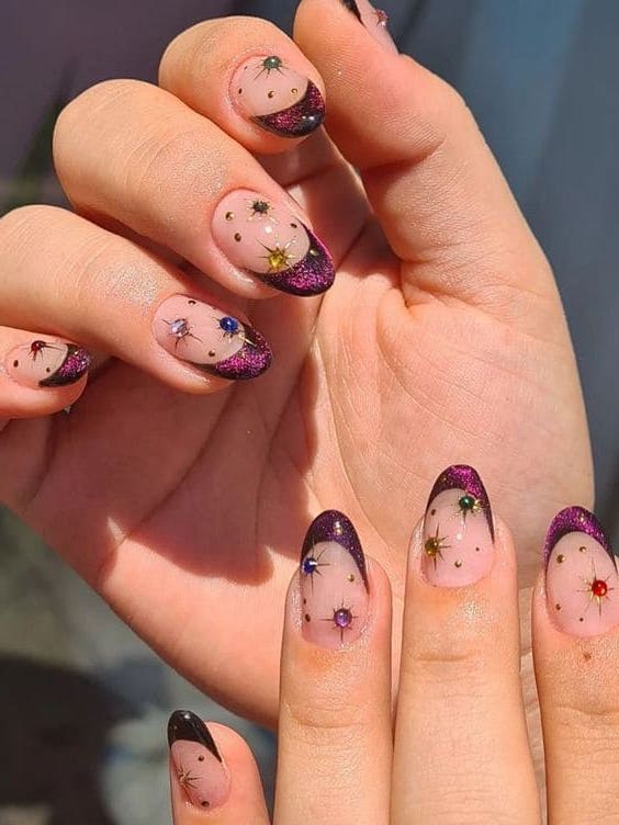 Dark purple French tip nails with star nail art.