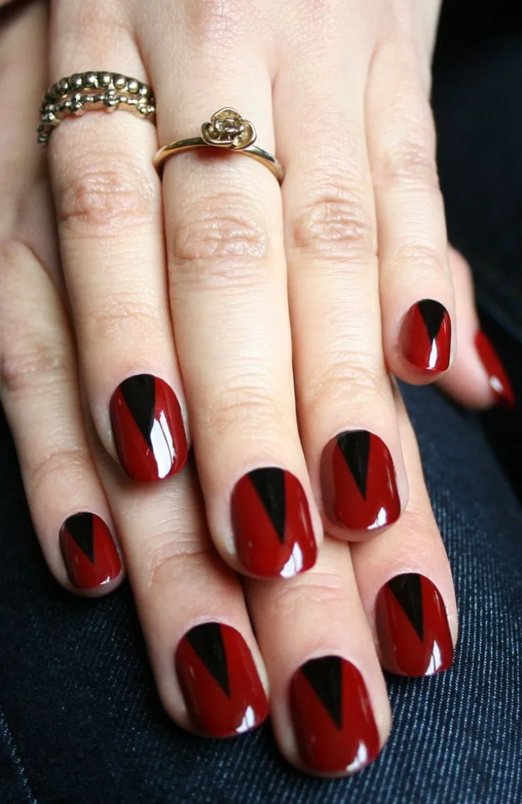 reverse v shape french tips cherry red fall nails 2023