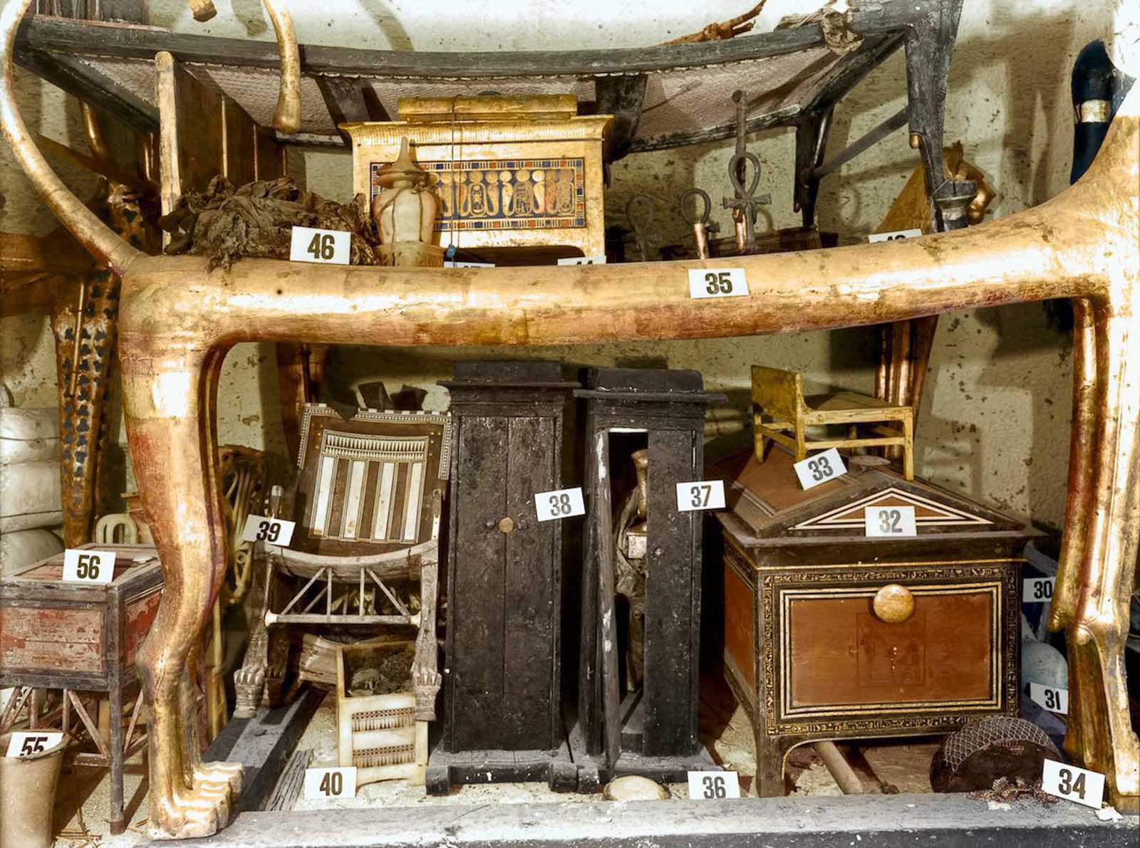 Under the lion bed in the antechamber are several boxes and chests, and an ebony and ivory chair which Tutankhamun used as a child.