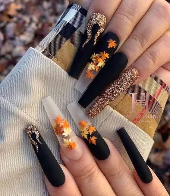 Black And Orange Glitter Nails