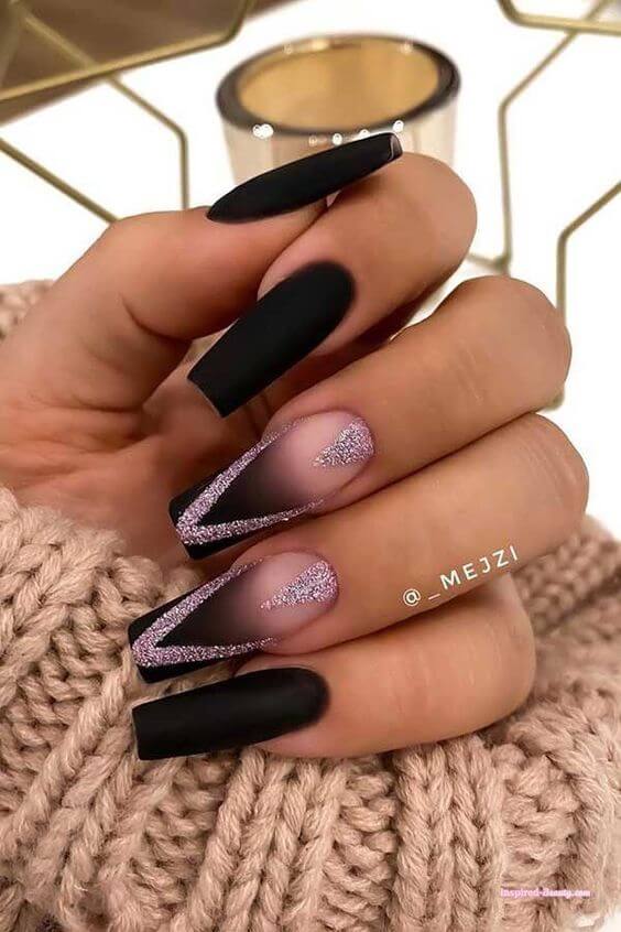 Matte Black Nails With Glitter