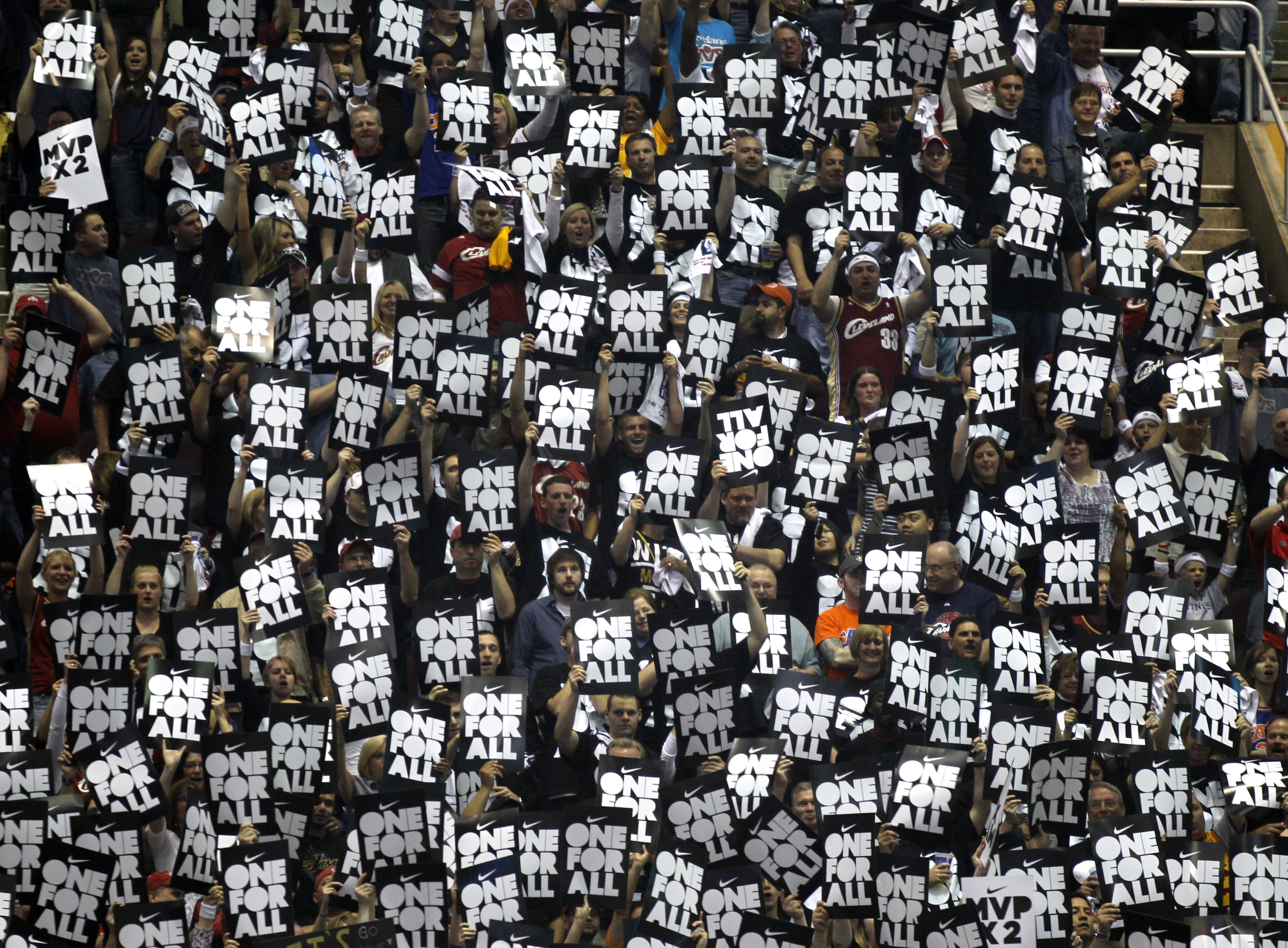 Prior to the MVP award ceremony fans celebrate Lebron James' second MVP in a row.  (Joshua Gunter / The Plain Dealer)