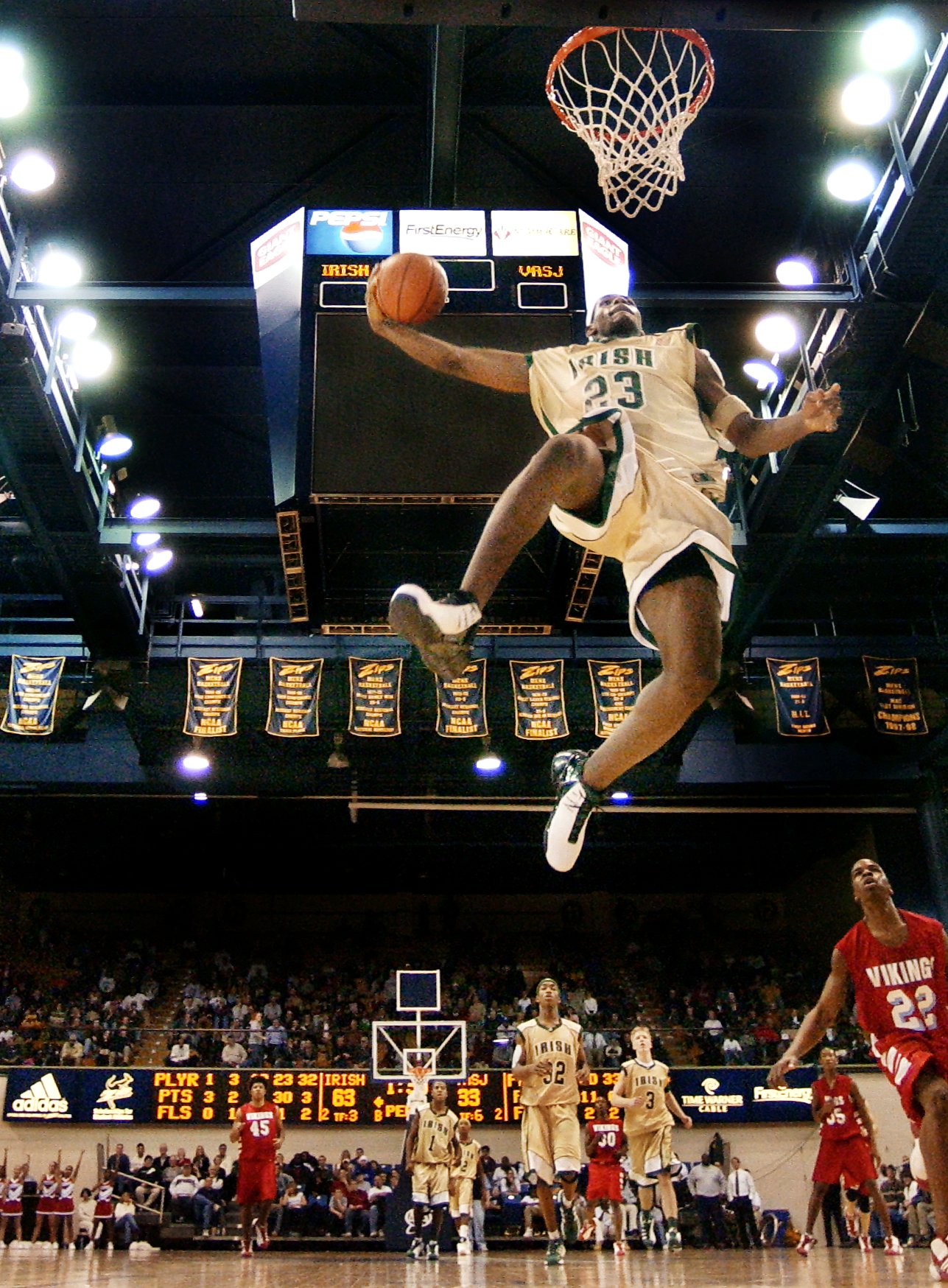 St. Vincent-St. Mary's LeBron James go skyward to slam an easy two points during the third period against Villa Angela St. Joes January 7, 2003 at Akron University's Rhodes Arena.  SVSJ won their game by a landslide with a score of 97-60 and LeBron said that was his best ariel slam dunk in his career.   (John Kuntz/The Plain Dealer)