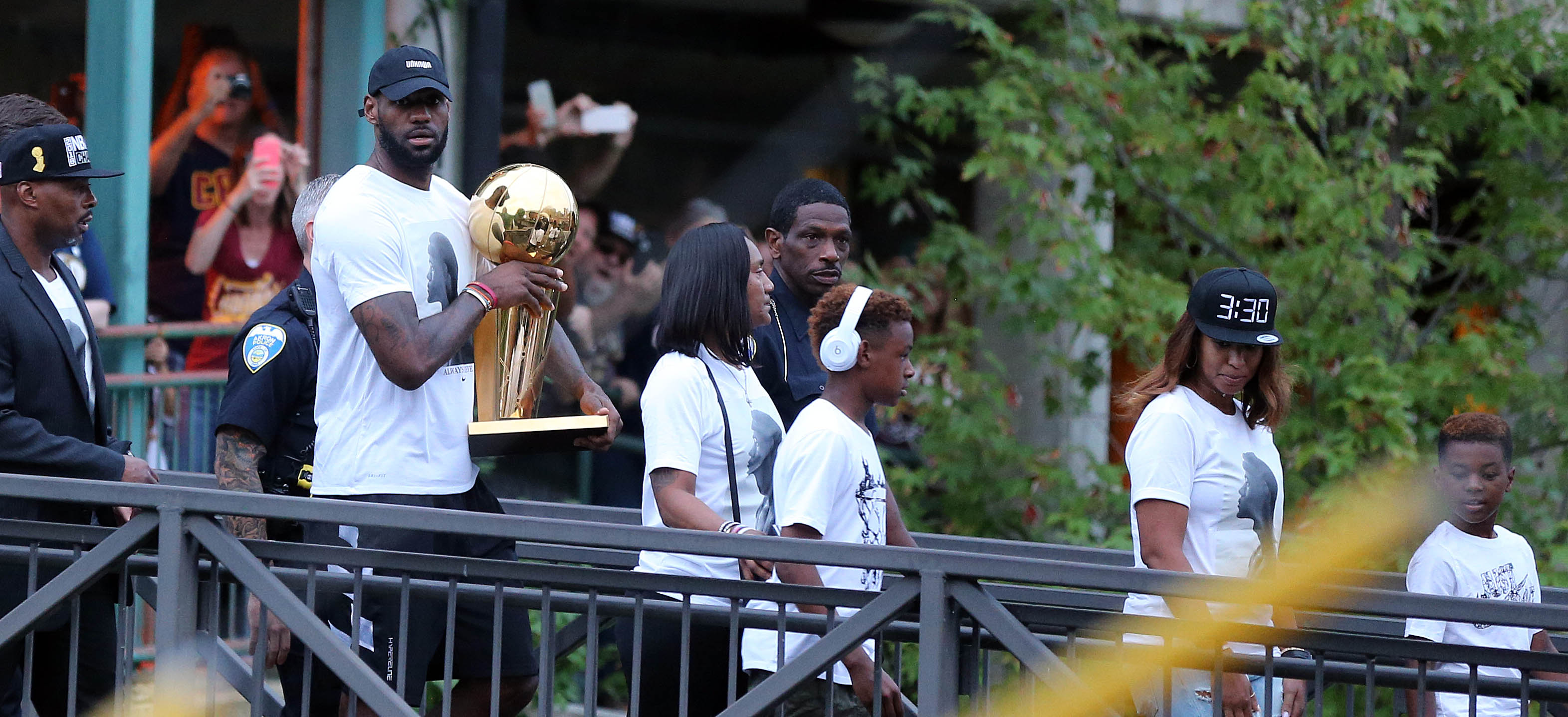 Cleveland Cavaliers forward LeBron James prepares to take the stage at a rally to honor him after winning the NBA championship and MVP award.   Joshua Gunter, cleveland.com.  June 23, 2016. Akron.