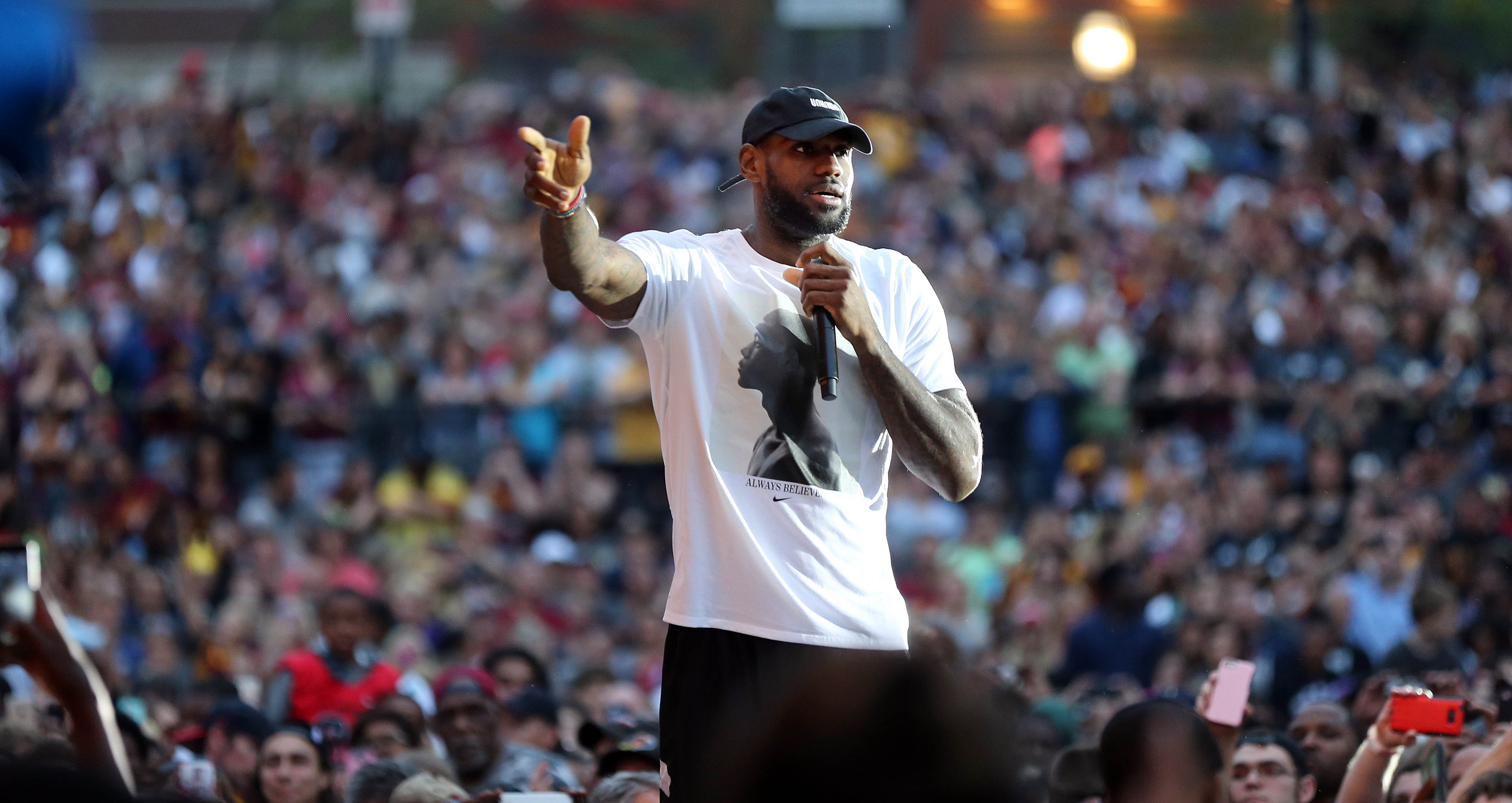 Cleveland Cavaliers forward LeBron James speaks to the crowd at a rally to honor him after winning the NBA championship and MVP award.   Joshua Gunter, cleveland.com June 23, 2016. Akron.