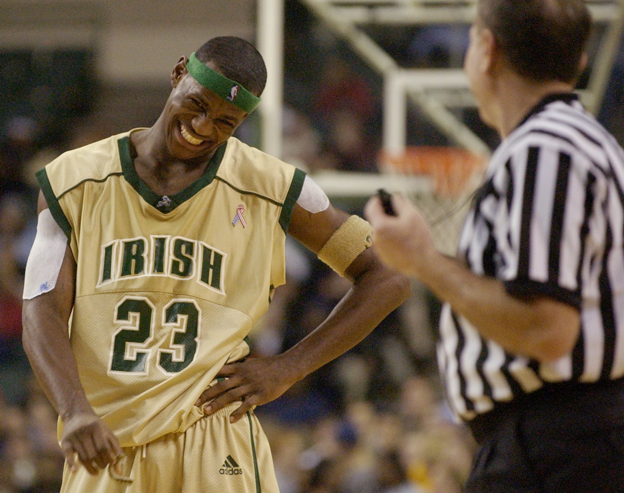 LeBron James of St. Vincent-St. Mary discusses a call made by the referee during a game in Cleveland, OH. against the No.1 team in the country Oak Hill High.(Roadell Hickman/The Plain Dealer)