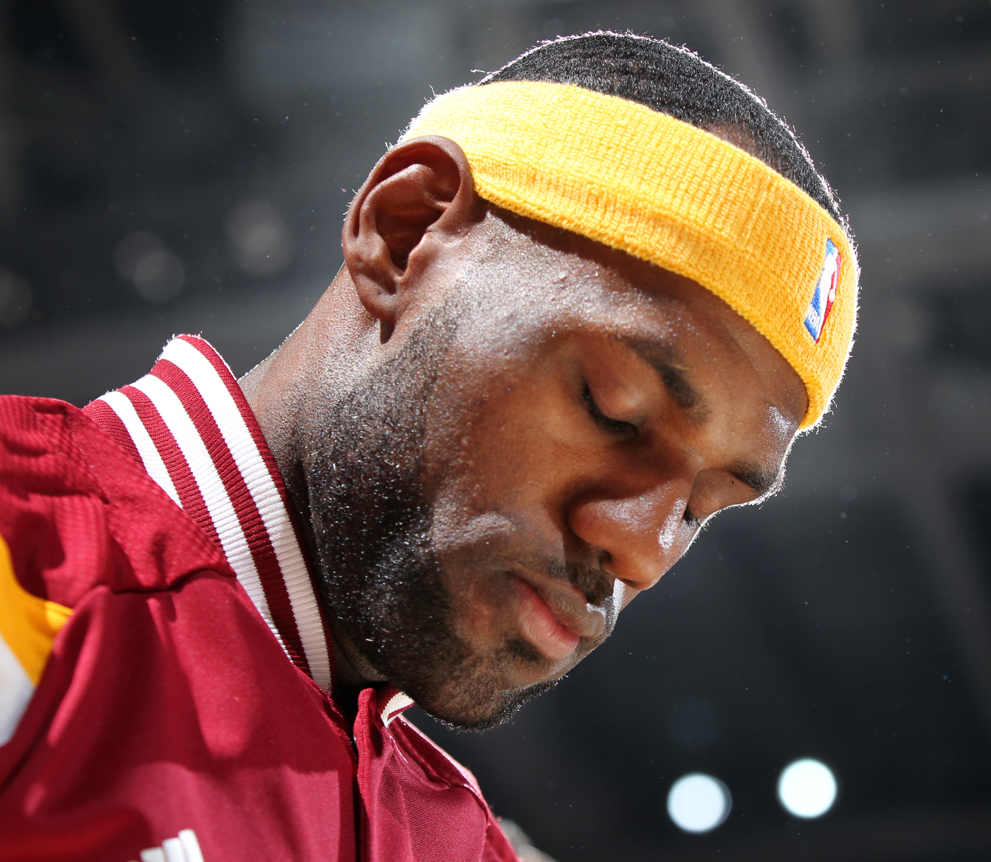 Cleveland Cavaliers forward LeBron James in contemplation during the singing of the national anthem before their game against the New York Knicks.  (Joshua Gunter / The Plain Dealer)