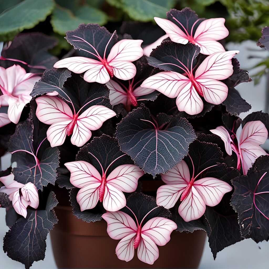 Begonia Moonlight Butterfly with striking pink and black foliage in a pot.