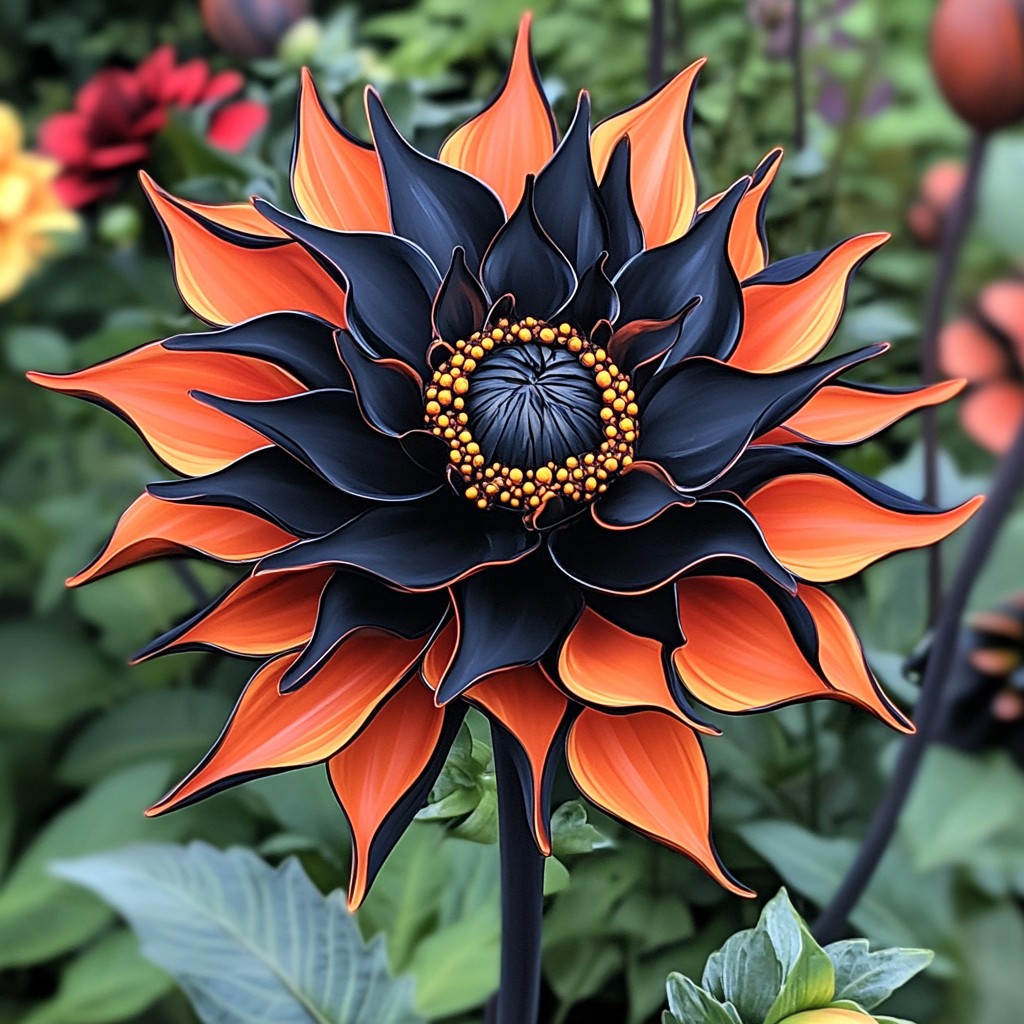 Black and orange Dahlia flower with vibrant petal contrast