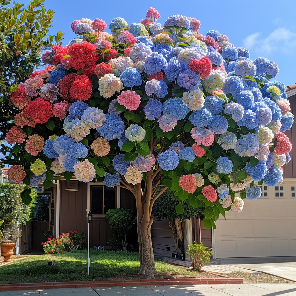 Red, blue, and pink Hydrangea tree in a front yard garden