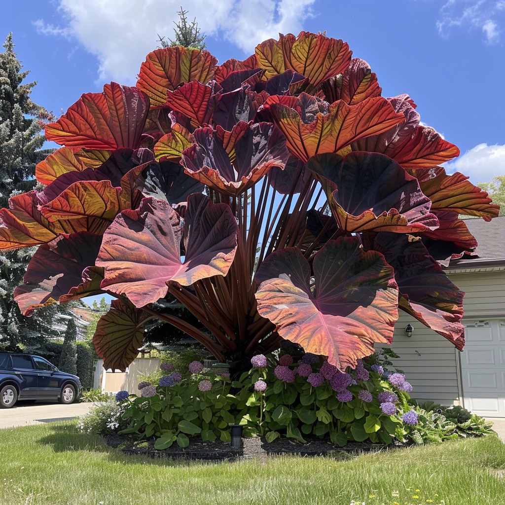 Giant red and purple Elephant Ear plant in a front yard, creating a dramatic and eye-catching garden feature