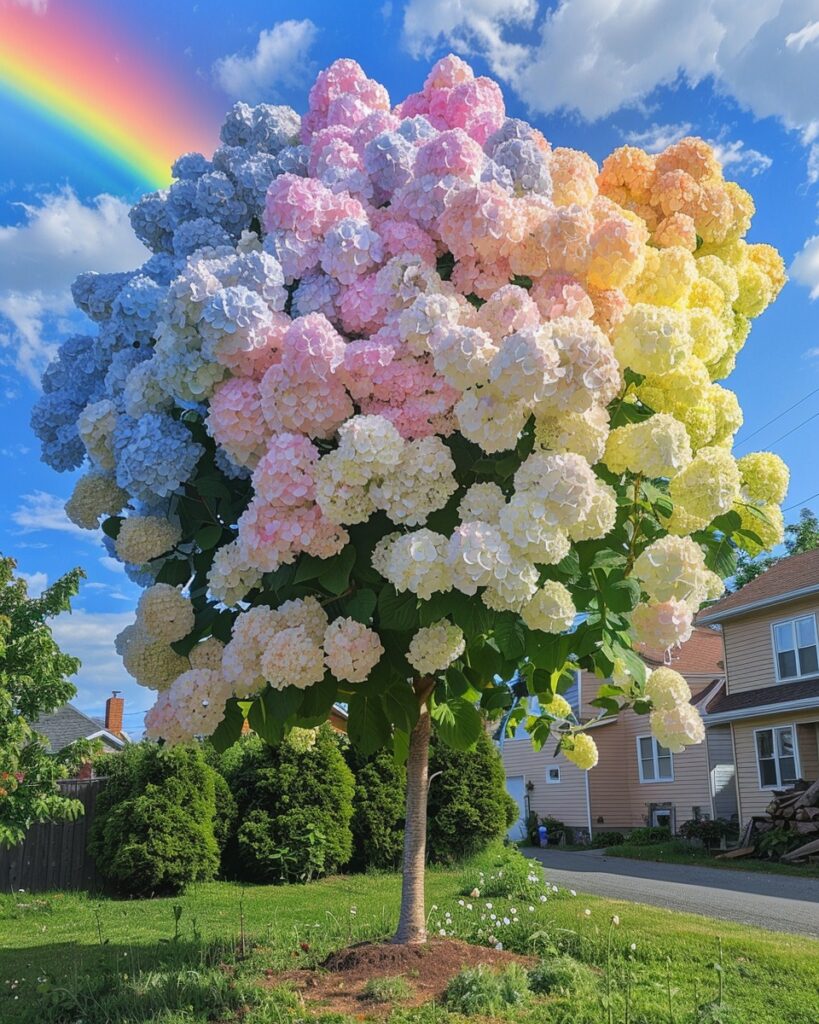 Rainbow-colored Hydrangea tree with a vibrant rainbow in the background