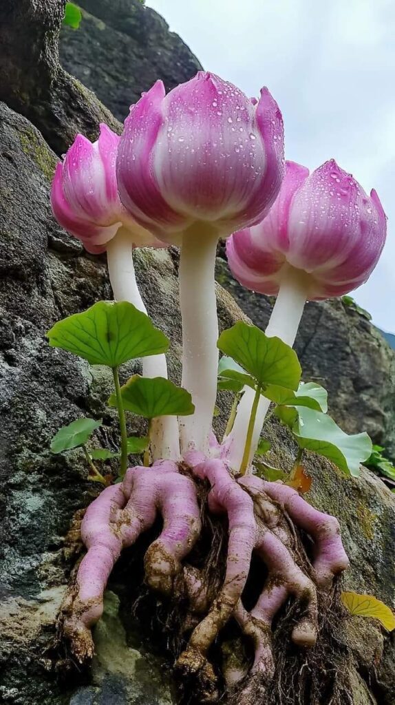 Mystical Rock Lotus with pink blossoms and thick roots growing on a rocky surface