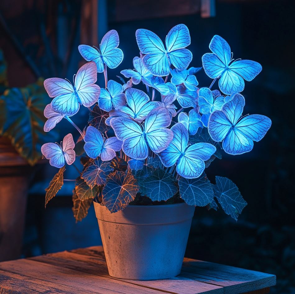 Begonia plant with glowing blue neon butterfly-shaped leaves in a pot.