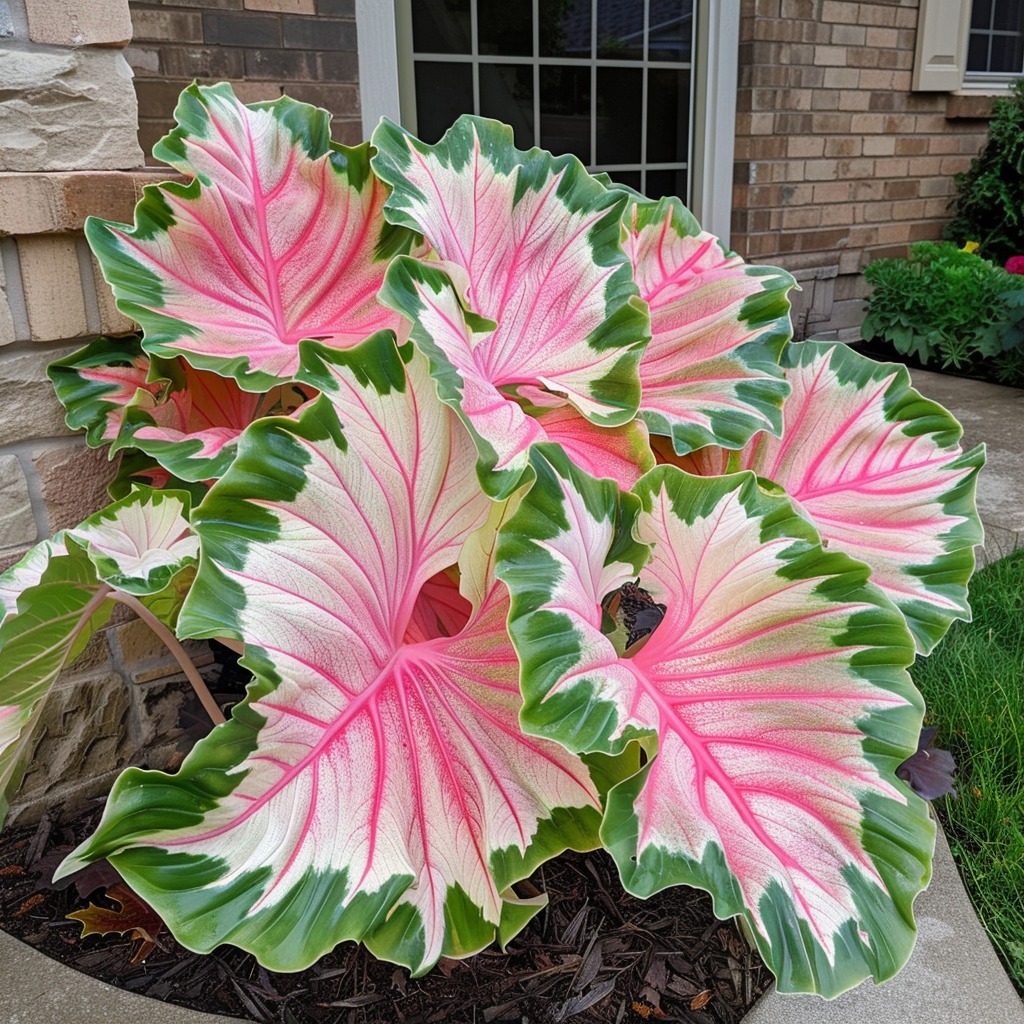 Vibrant pink Elephant Ear plants with green edges in a garden bed