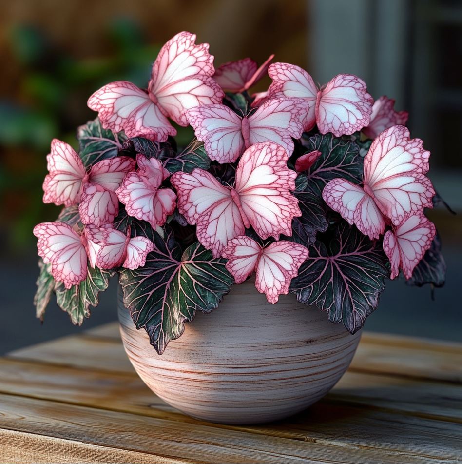 Begonia plant with delicate pink and white butterfly-shaped leaves in a ceramic pot.