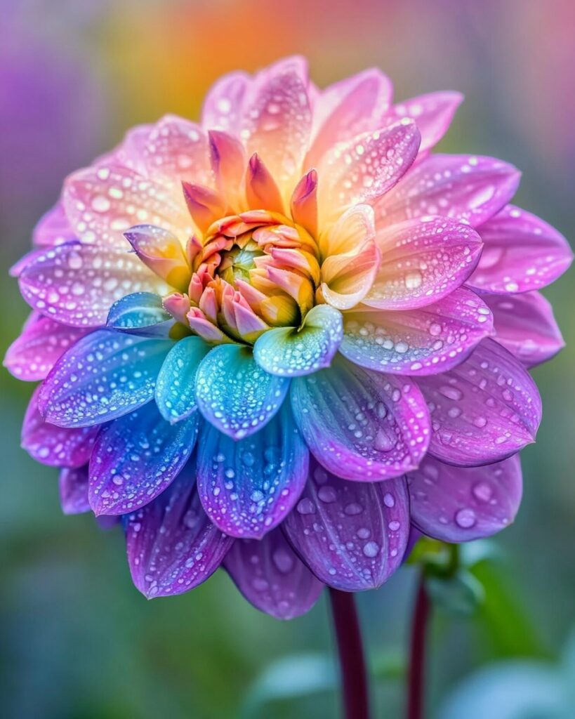 Multi-colored Dahlia flower with dew drops