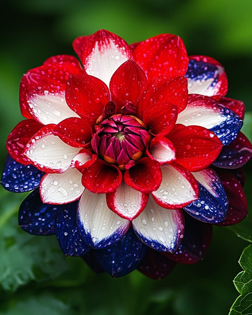 Red, white, and blue Dahlia flower with dew drops