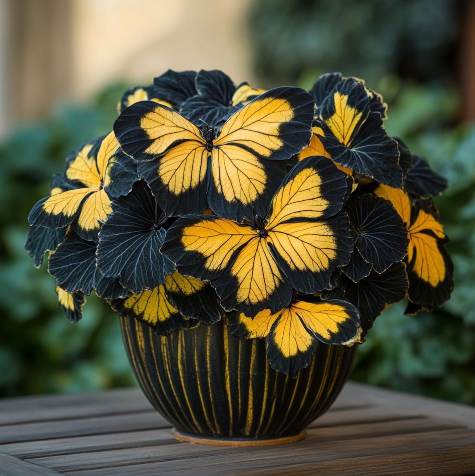 Begonia plant with yellow and black butterfly-shaped leaves in a striped ceramic pot.